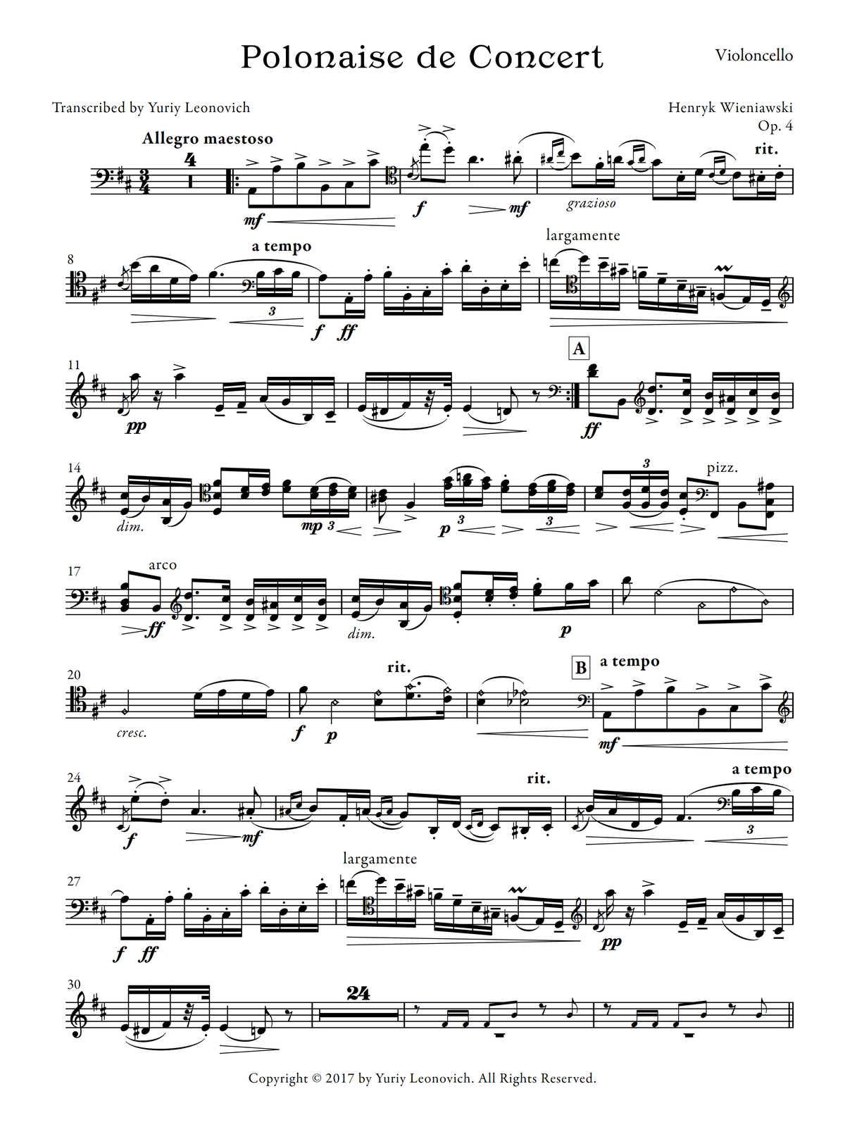 Wieniawski - Polonaise de Concert, Op. 4 (Transcribed for cello and piano)