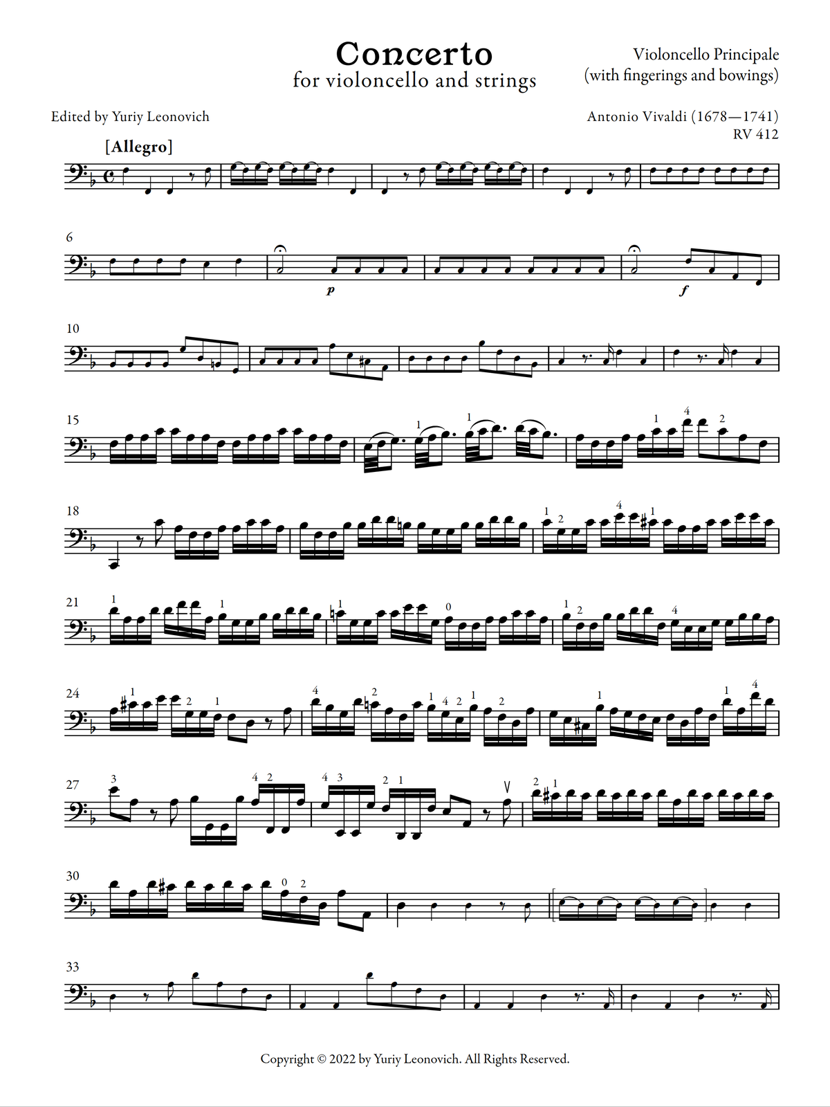 Vivaldi - Cello Concerto in F major, RV 412 (Urtext Edition, Piano)