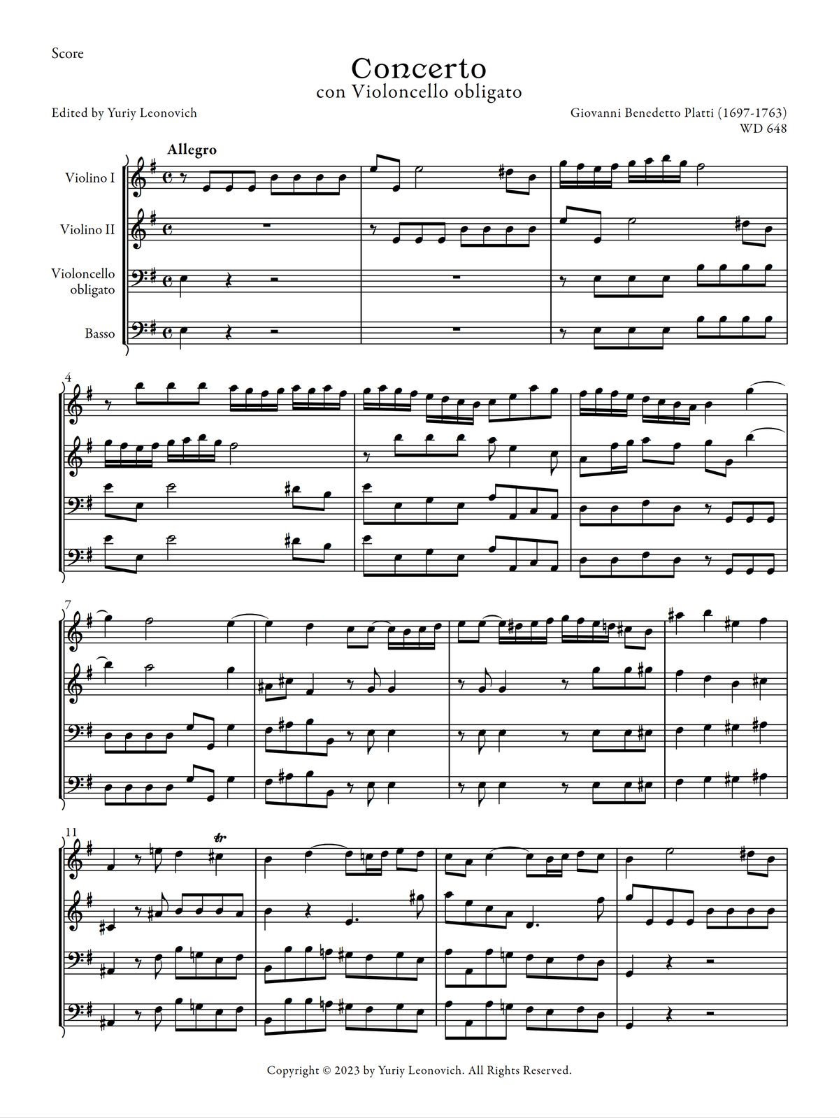 Platti - Cello Concerto in E minor, WD 648 (Urtext Edition)