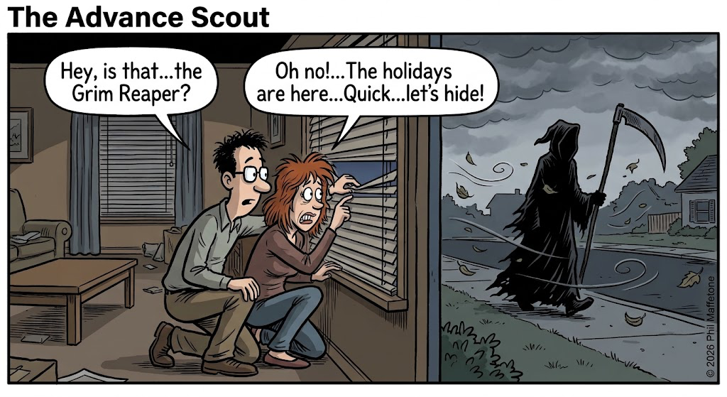 Cartoon of two people looking at a black monster
Description automatically generated