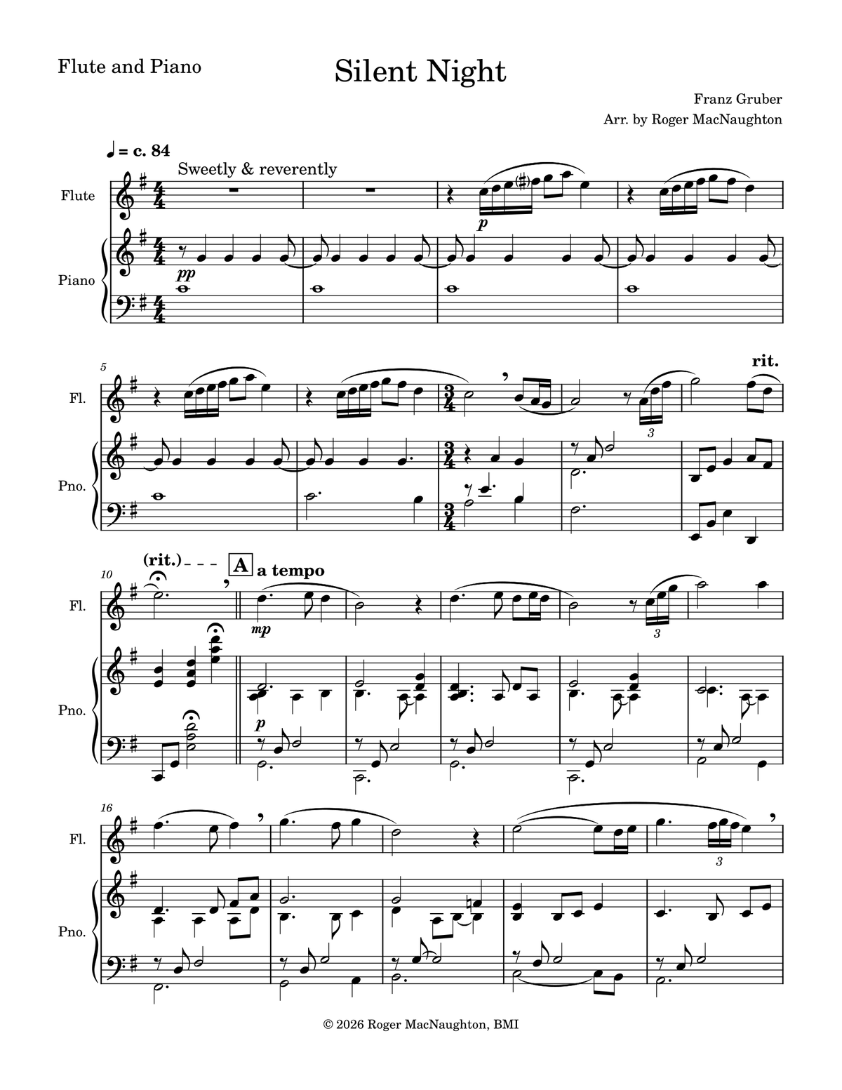 "SILENT NIGHT" - Sheet Music for Flute & Piano - Instant Download