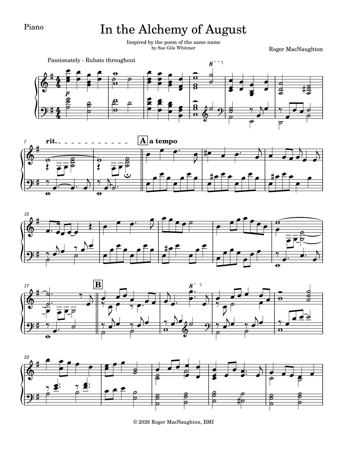 "IN THE ALCHEMY OF AUGUST" - Sheet Music for Solo Piano - Instant Download
