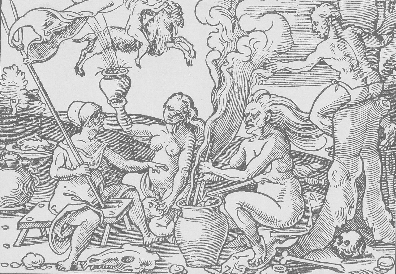 Witches prepare a magic salve. Note naked witch top left riding through the air mounted upon a goat. (woodcut, 1571)
