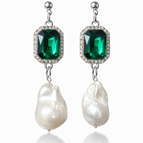 Emerald Crystal & Baroque Pearl Earrings