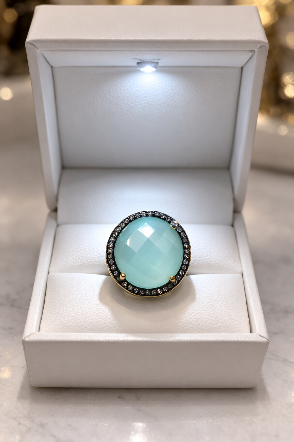 Green Chalcedony & Diamond Halo Statement Ring 18K Gold Over Sterling Silver — Size 7