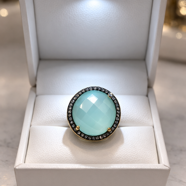 Green Chalcedony & Diamond Halo Statement Ring 18K Gold Over Sterling Silver — Size 7