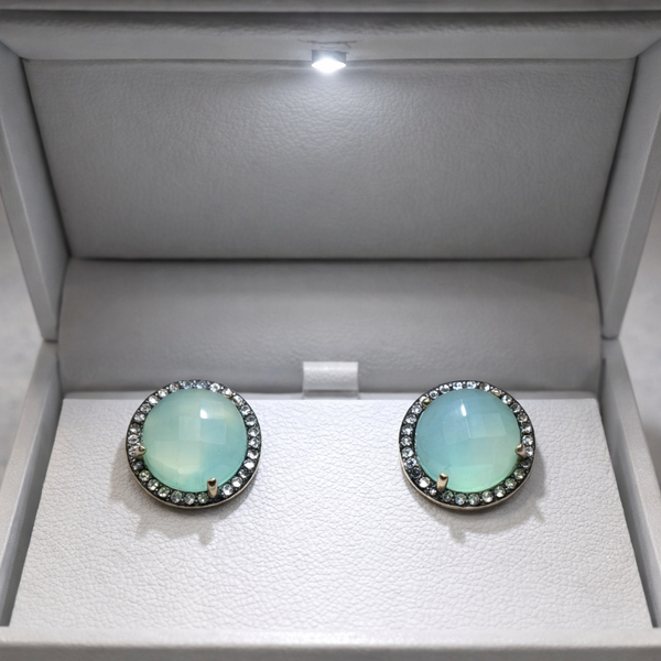 Green Chalcedony & Diamond Halo Stud Earrings 18K Gold Over Sterling Silver