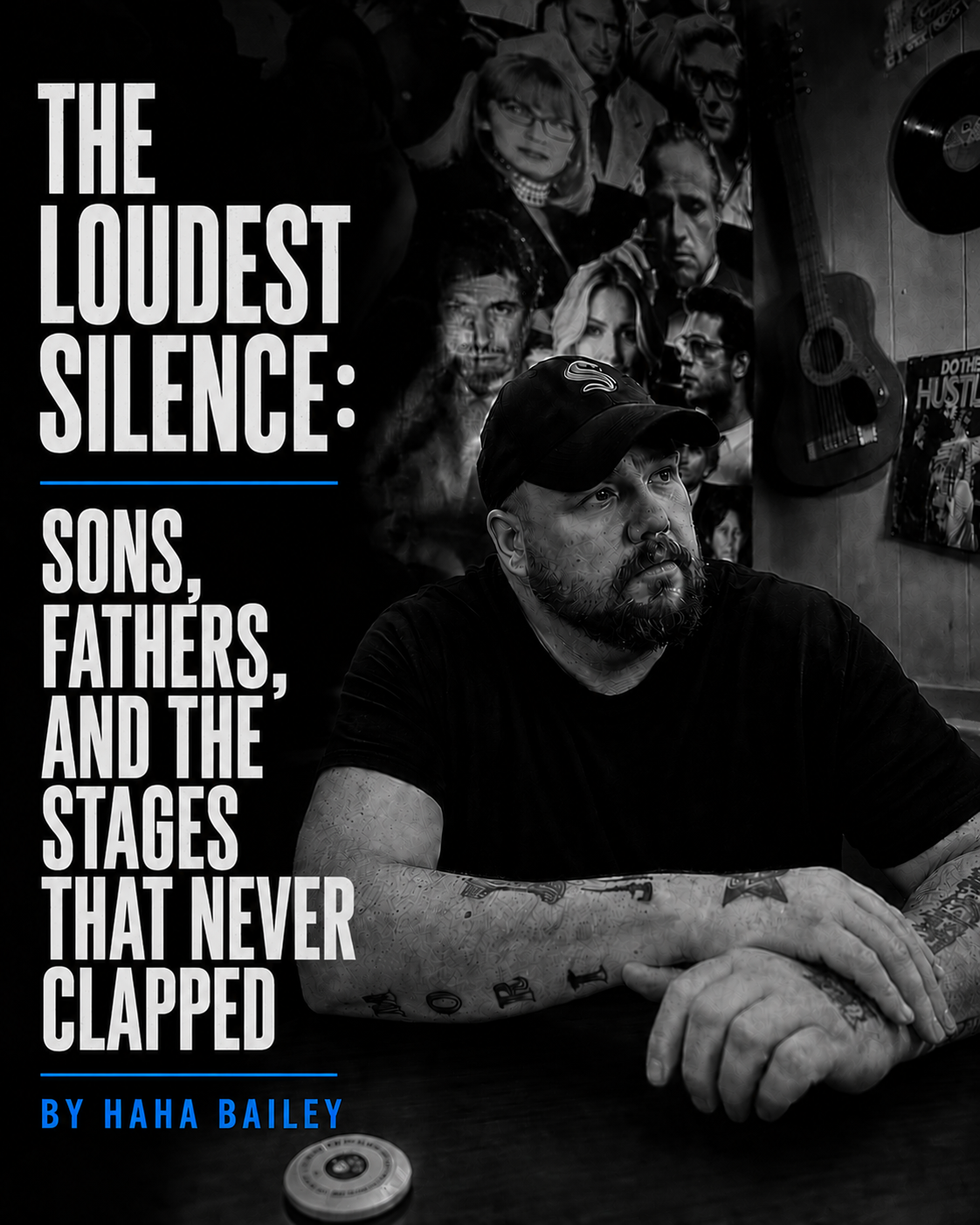 Title card for “The Loudest Silence: Sons, Fathers, and the Stages That Never Clapped” by Haha Bailey on Music Travel Repeat, an essay about father wounds, backstage silence, wrestling, music, and healing.
