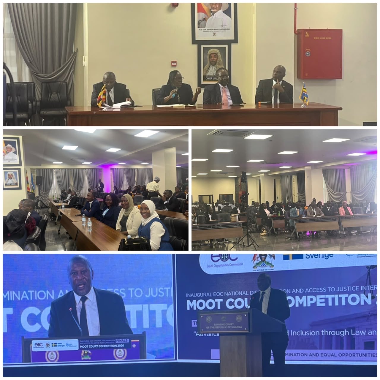 Justice Musa Ssekaana (Justice of the Court of Appeal), on behalf of the Deputy Chief Justice, yesterday presided over the closing ceremony of the inaugural Equal Opportunities Commission National Discrimination and Access to Justice Inter-University Moot Court Competition at the Supreme Court’s Conference Hall in Kampala.