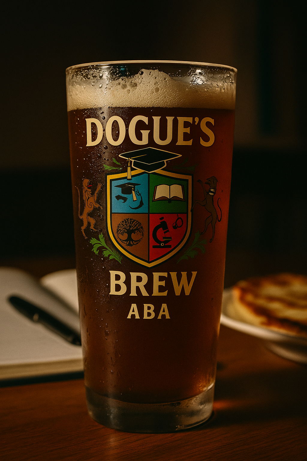 Dogue's brew glass of beer on a class room table.