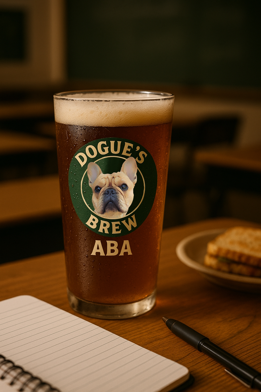 Beer glass on a table with a notebook, pen, and snack in a dim lit classroom. the image on the beer is a french bulldog head