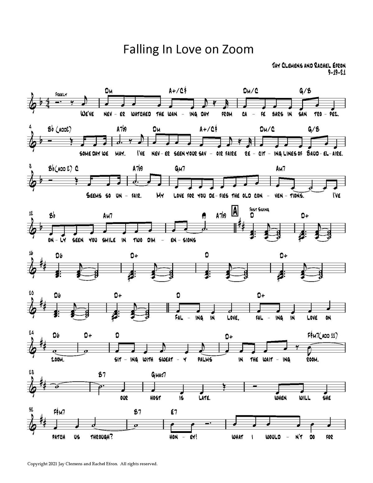 Sheet Music for Falling in Love on Zoom