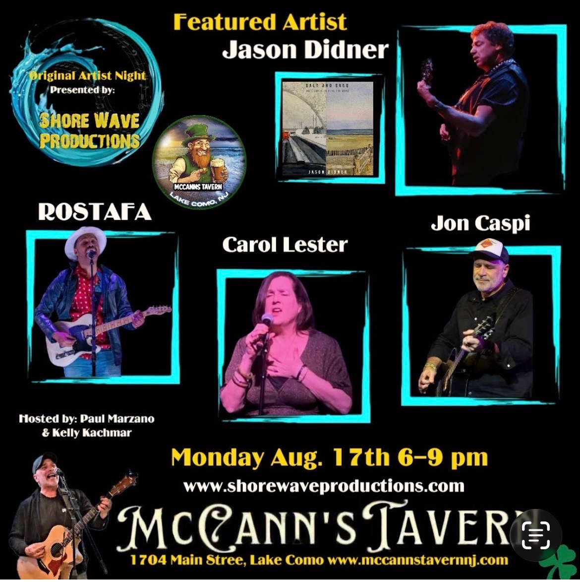 Digital flyer with pictures of singer/songwriters scheduled to perform at Original Artist Night at McCann's Tavern in Lake Como, NJ on Monday, August 17 at 6PM