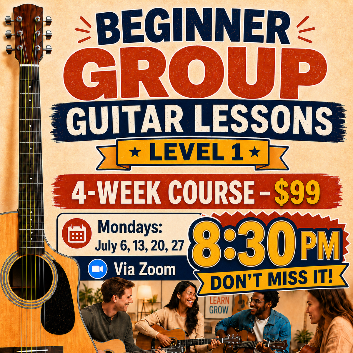 LIVE ONLINE GUITAR CLASS: BEGINNER (LEVEL 1) 4-Week Guitar Class with Joe Hastings - Online via Zoom - Mondays at 8:30 PM – 9:00 PM CST