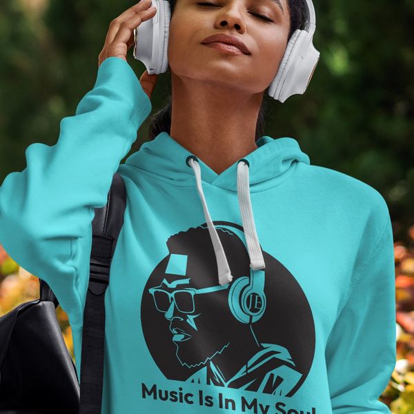 Women's Aqua Blue Music Is In My Soul Hoodie | Teal Pullover Sweatshirt with Black Graphic | Music Lover Gift