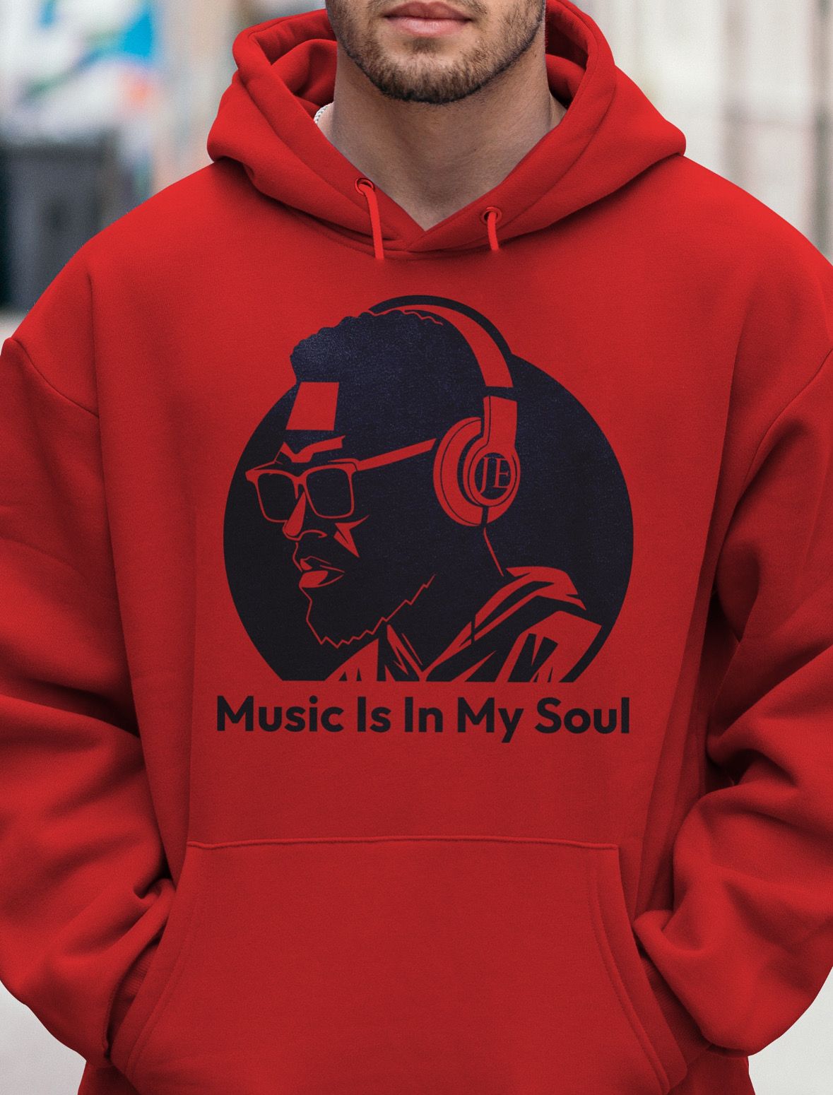 Men's Red Music Is In My Soul Hoodie | DJ Headphone Graphic Pullover Sweatshirt | Music Lover Gift