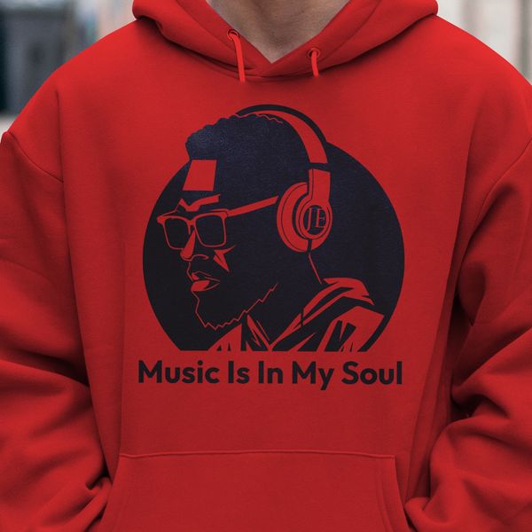 Men's Red Music Is In My Soul Hoodie | DJ Headphone Graphic Pullover Sweatshirt | Music Lover Gift