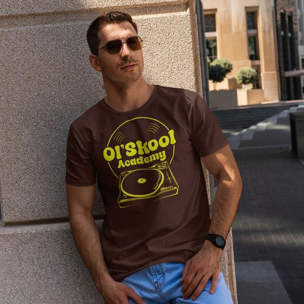 Ol' Skool Academy T-Shirt | Men's Brown Retro Turntable Graphic Tee | Vintage Hip Hop DJ Apparel
