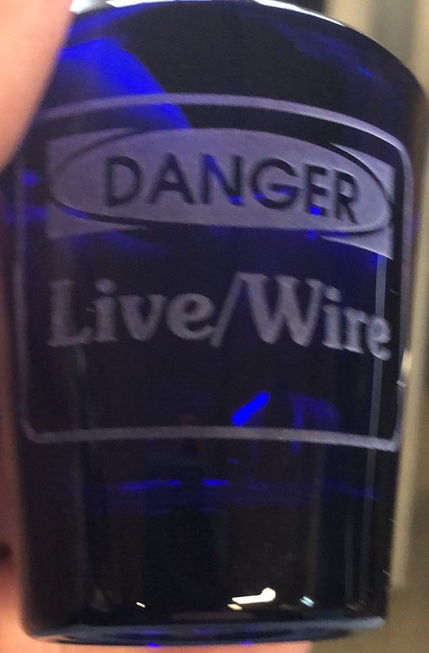 Live Wire cobalt blue etched logo short shot glass (beautiful)