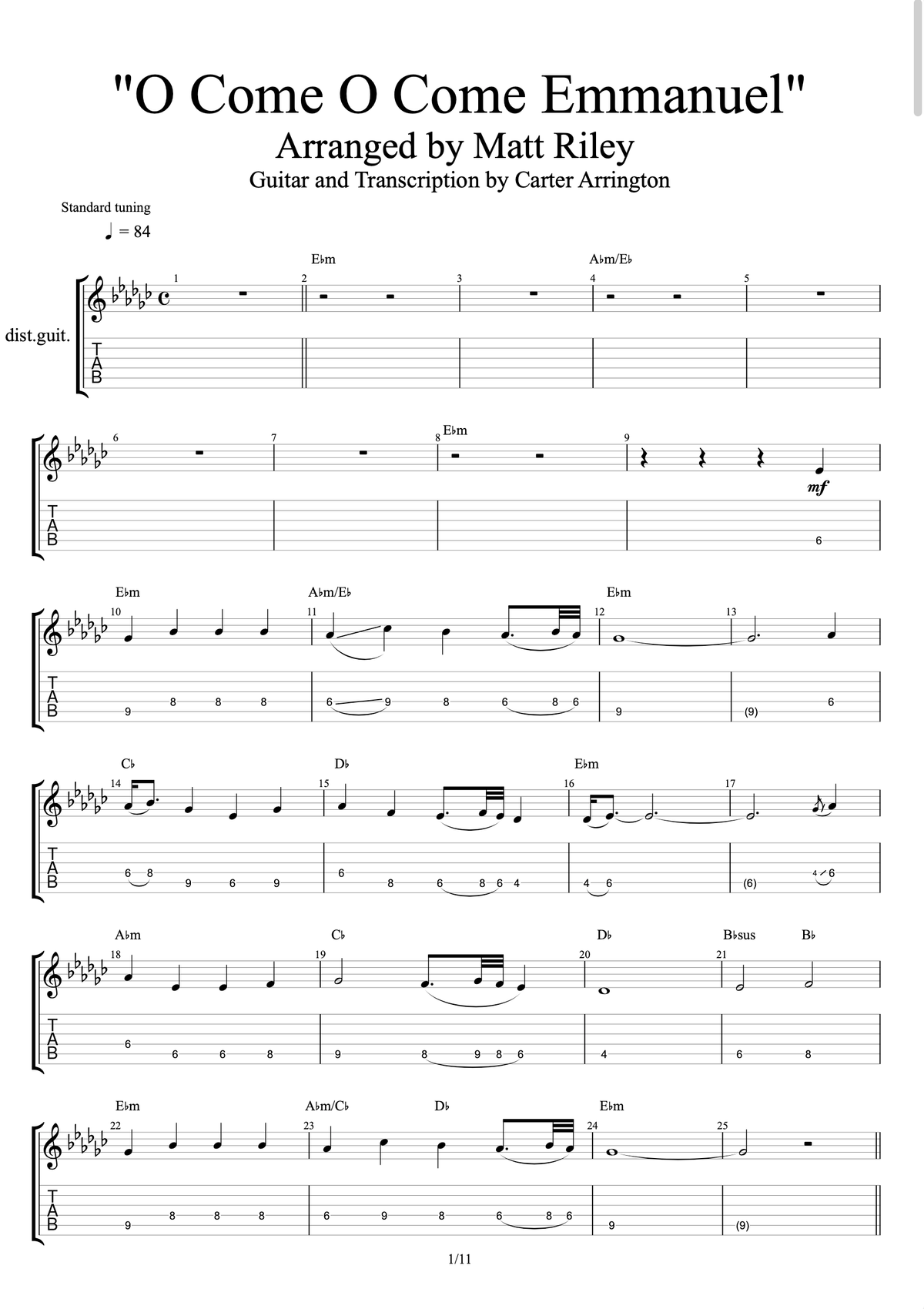 O Come O Come Emmanuel - Electric Guitar Tab and Sheet Music (PDFs)