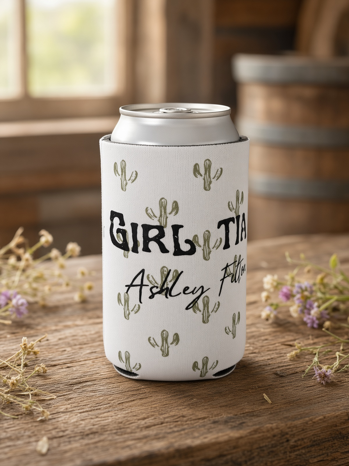 Ashley Felton white “Girl Time” Cactus Can Koozie
