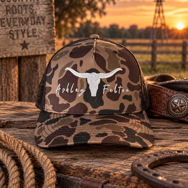 Ashley Felton Camo Longhorn Hat w/ White Logo