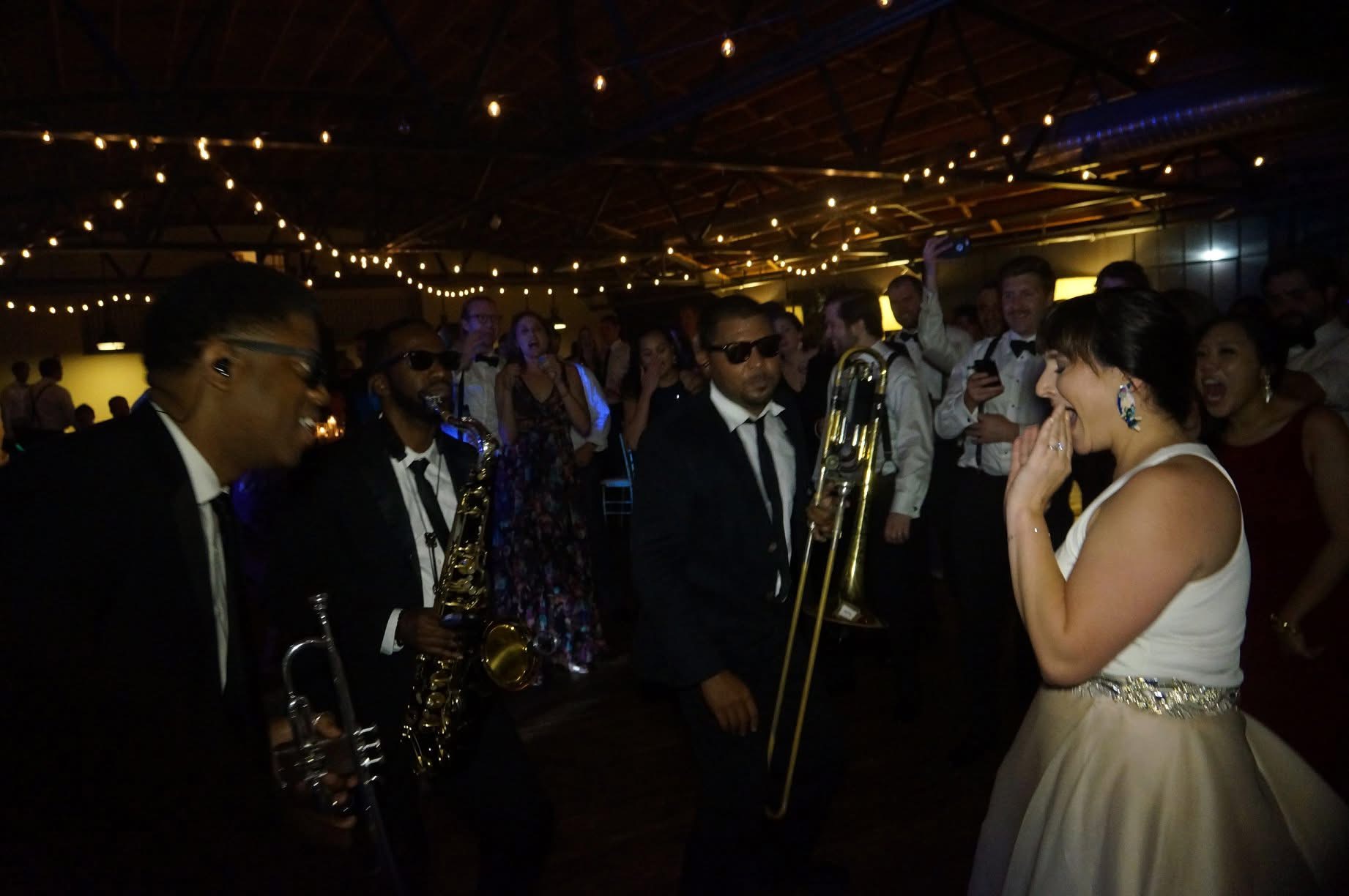 Perfect 10 Band horn section serenading the bride at Summerour Studio Atlanta