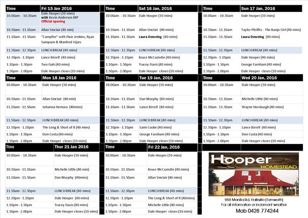 ARTIST TIMETABLE - HOOPER HOMESTEAD