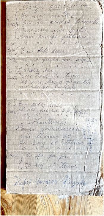 Lyrics to the song "Congo Yambumba". Song written by Jesus Alfonso. Transcription by Rafael Navarro Pujada "El Niño" from Los Muñequitos de Matanzas.
