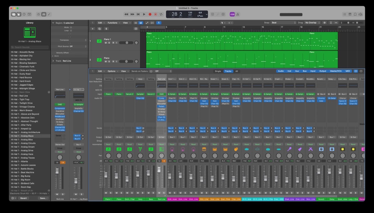 Logic Mixer showing channel strips, effects inserts, sends and faders