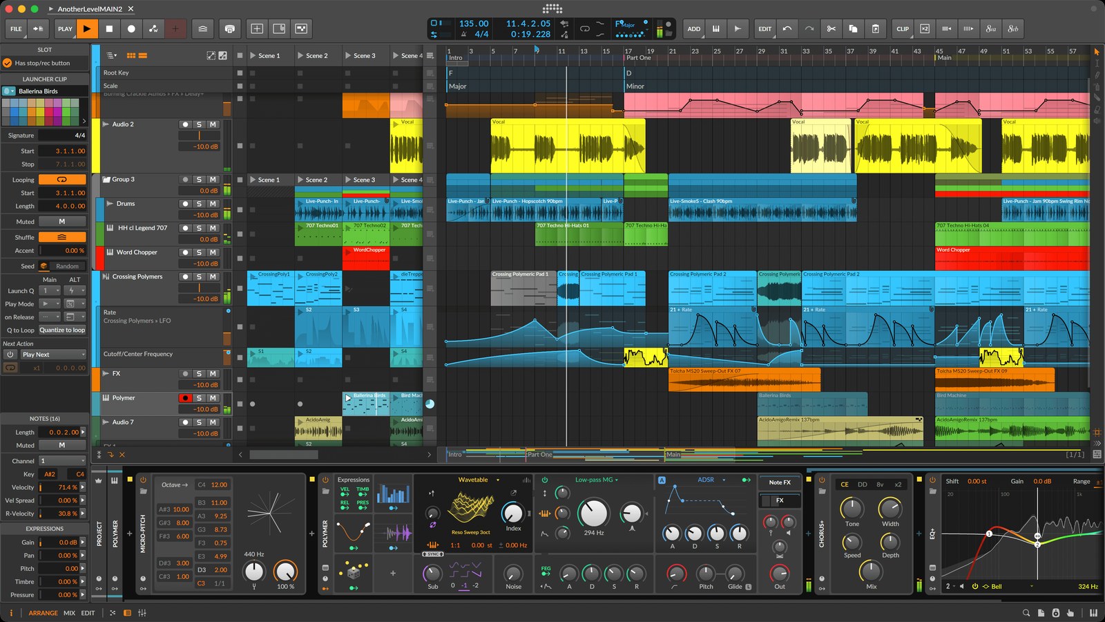 Bitwig Studio 6 interface combining clips, arrangement, devices and modulation