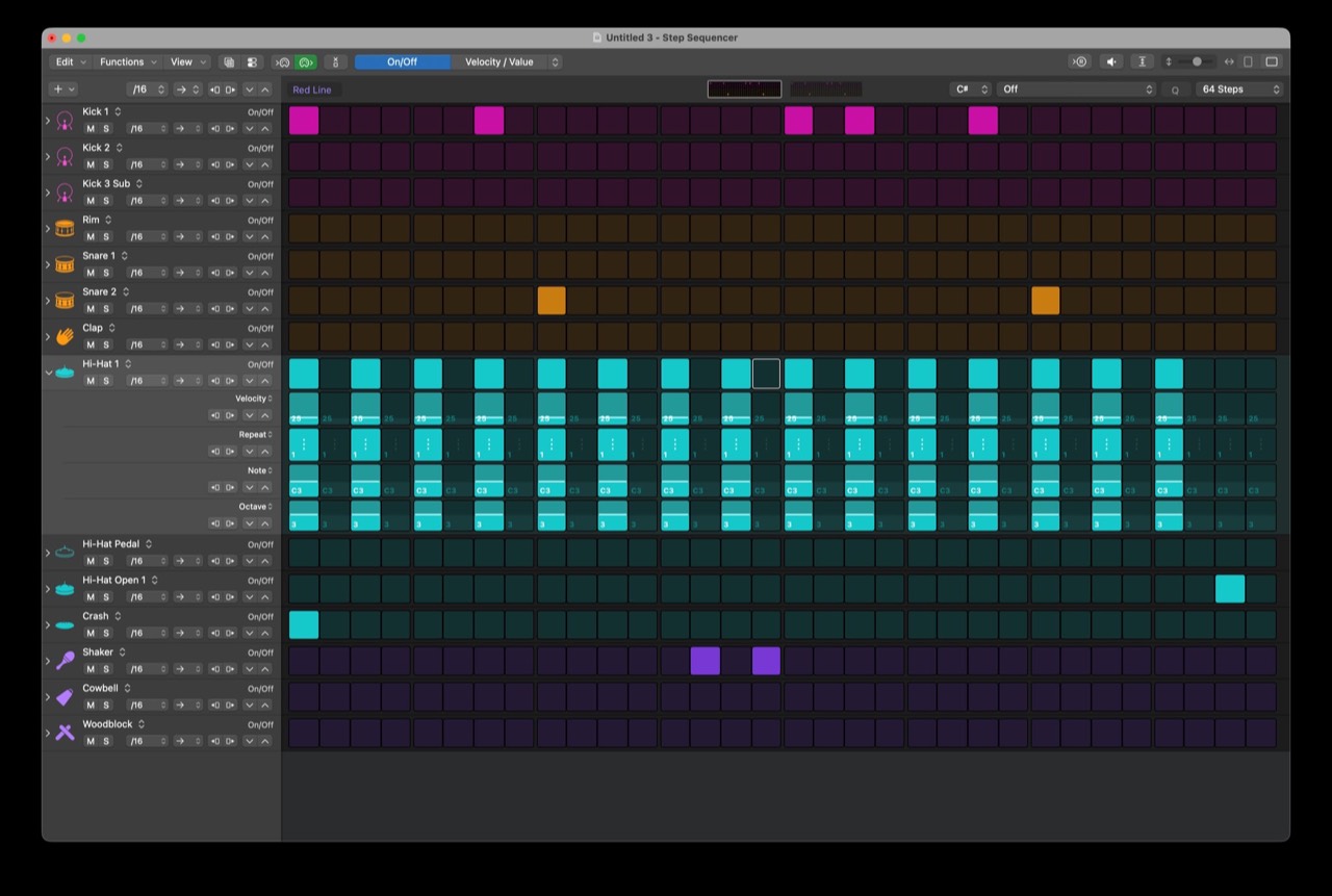 Logic Step Sequencer with coloured drum steps and expanded hi-hat controls