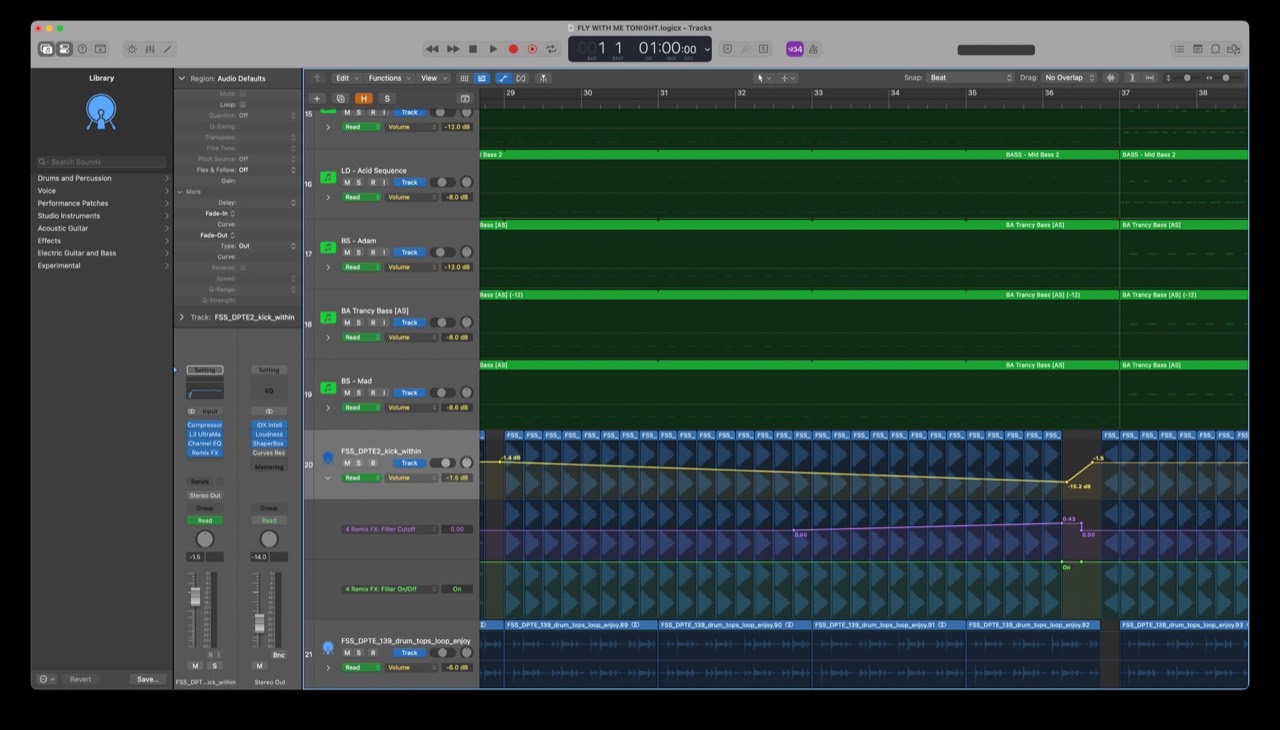 Logic automation lanes showing volume and Remix FX filter changes