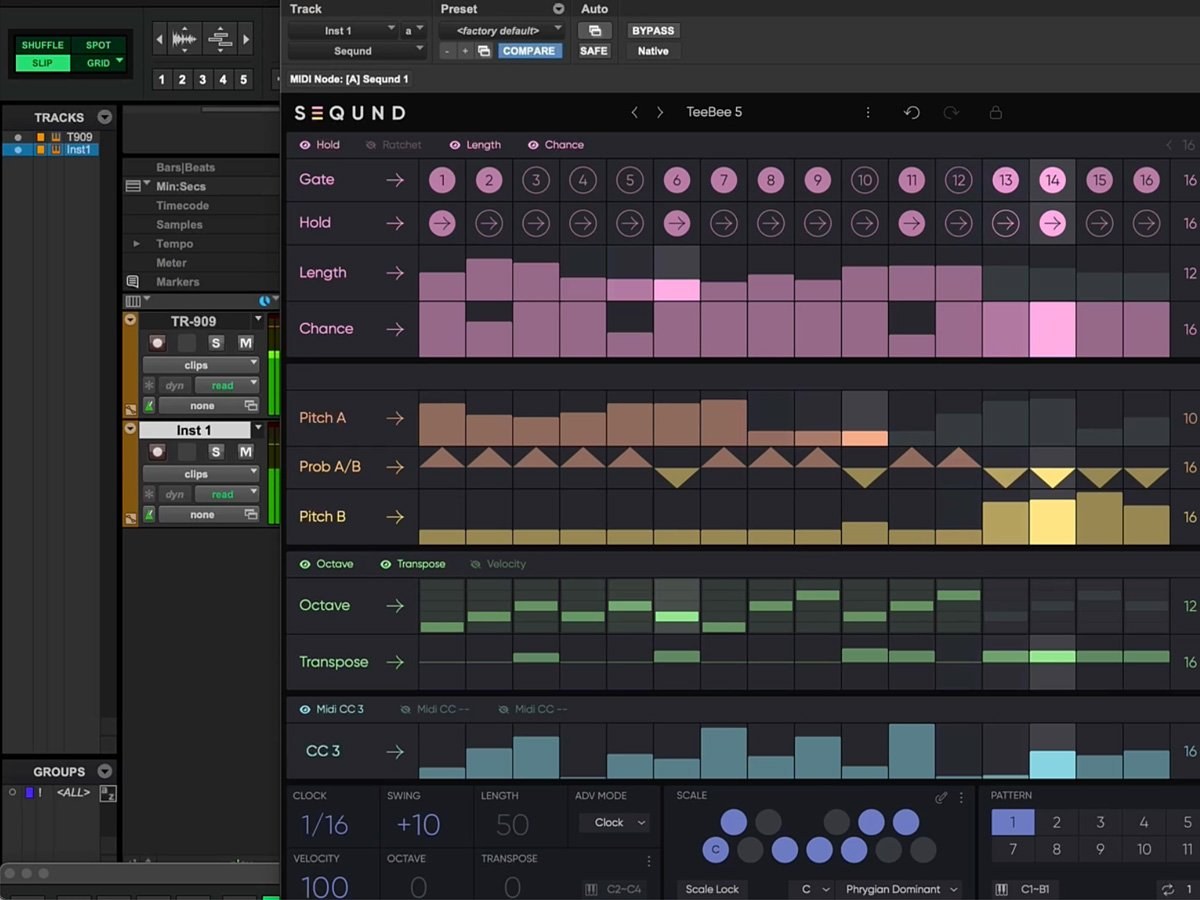 Pro Tools interface showing beat creation, sequencing and instrument controls