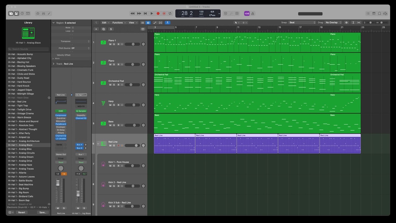 Logic Tracks area with piano, orchestral pad, harp, bass and drum pattern regions