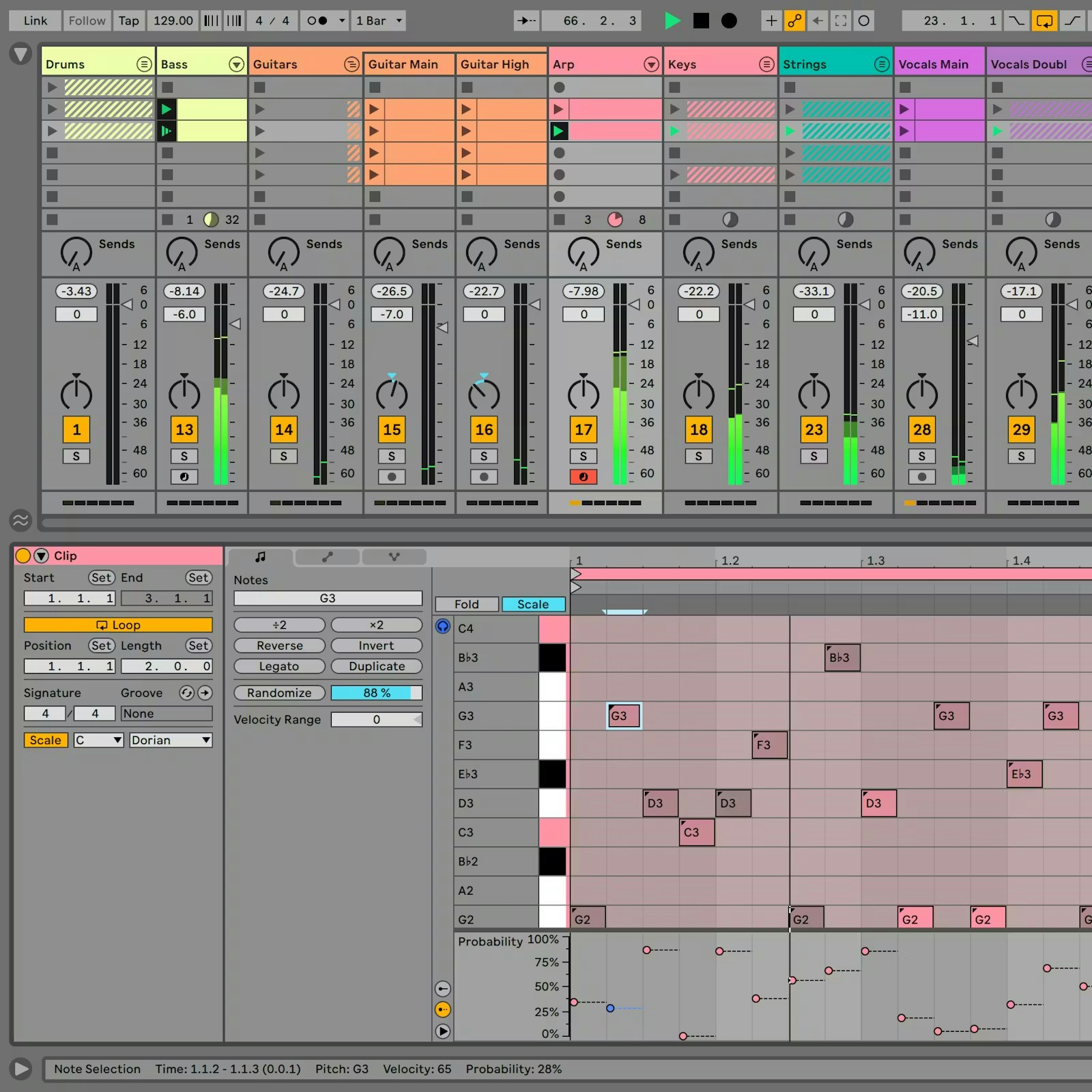 Ableton Live 12 Session View showing clips, tracks and scenes