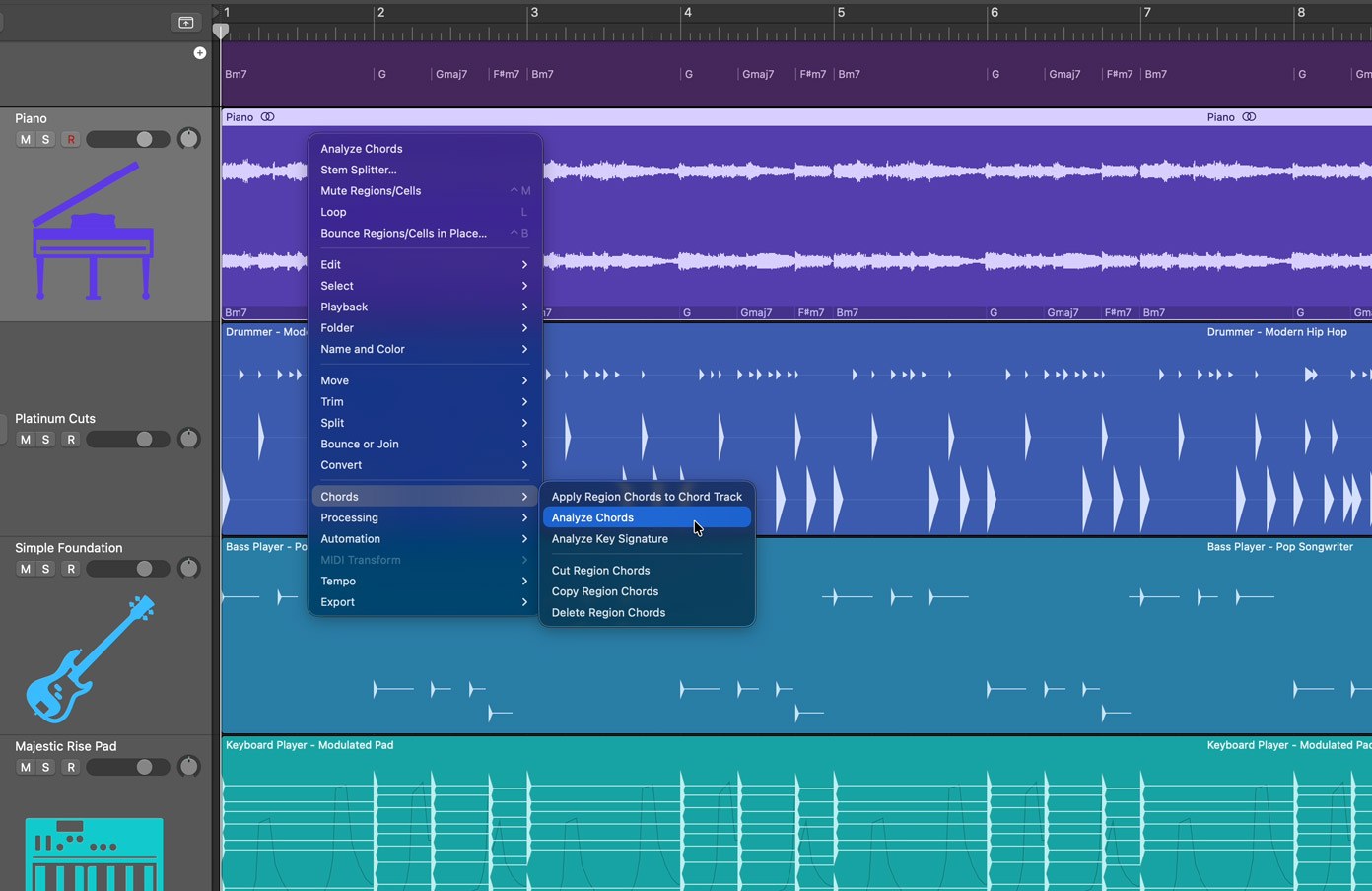 Logic Pro interface showing Chord ID analysing audio inside the arrangement