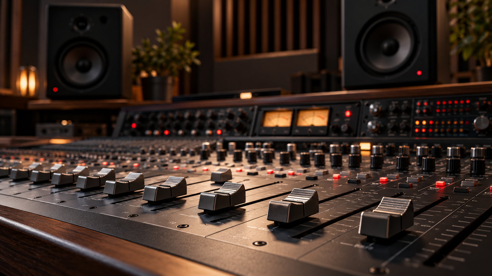 An atmospheric mastering workstation with tactile mixing-console faders, studio monitors and warm amber lighting.