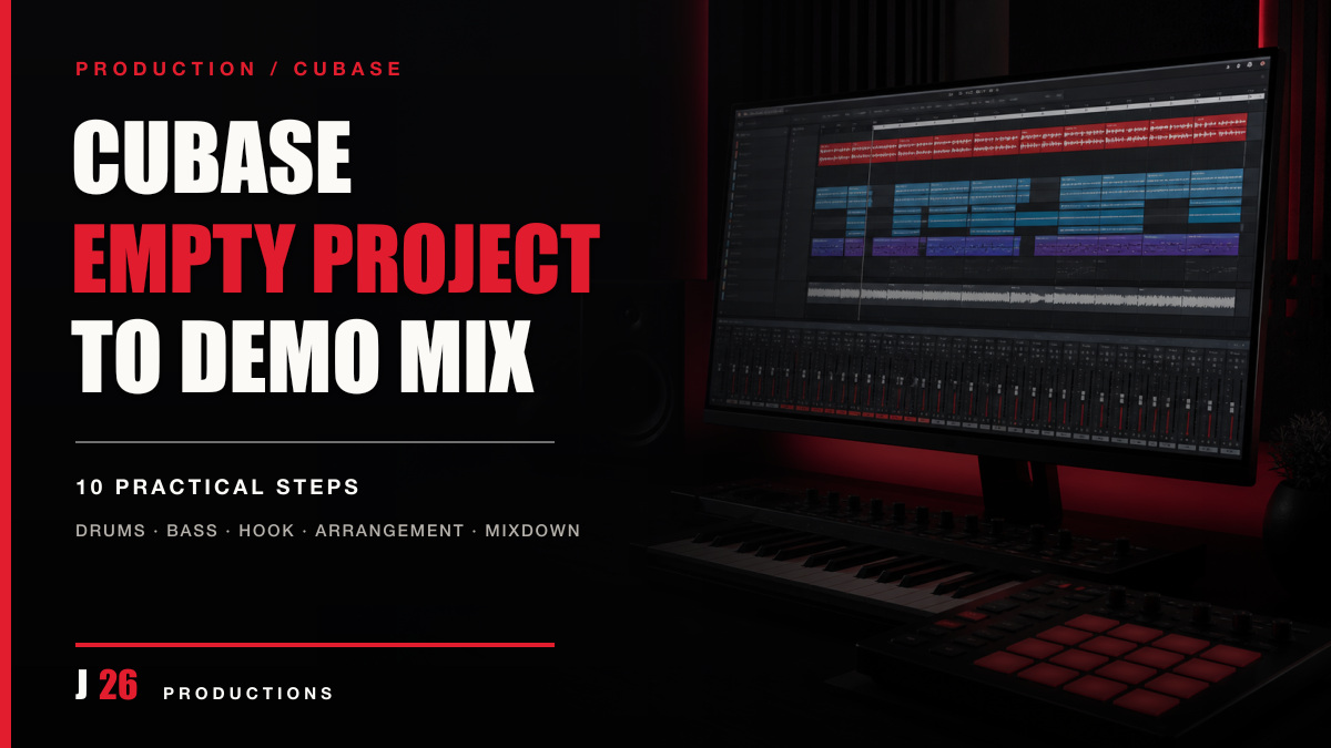 J26 Cubase tutorial artwork showing an empty project progressing to a demo mix in ten practical steps.