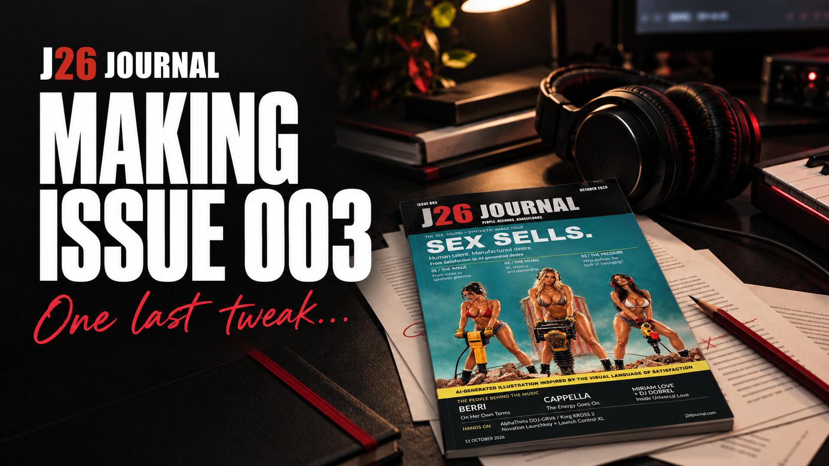 Making Issue 003, One last tweak. The magazine rests on an editing desk beside headphones, proof pages and a red pencil.