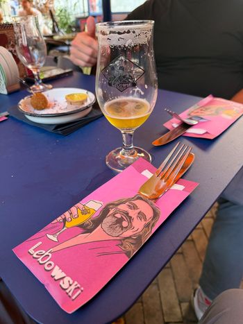 Our last dinner in Utrecht at Grand Café Lebowski. Even the table had a little Dude attitude.
