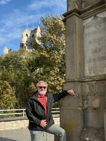 Drachenfels, above the Rhine at Königswinter. My turn at the hilltop monument. Somebody had to stand there for scale.
