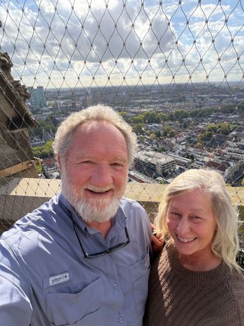 Dom Tower, Utrecht. Debbie and me high above Utrecht. The city looks a little different from up here.
