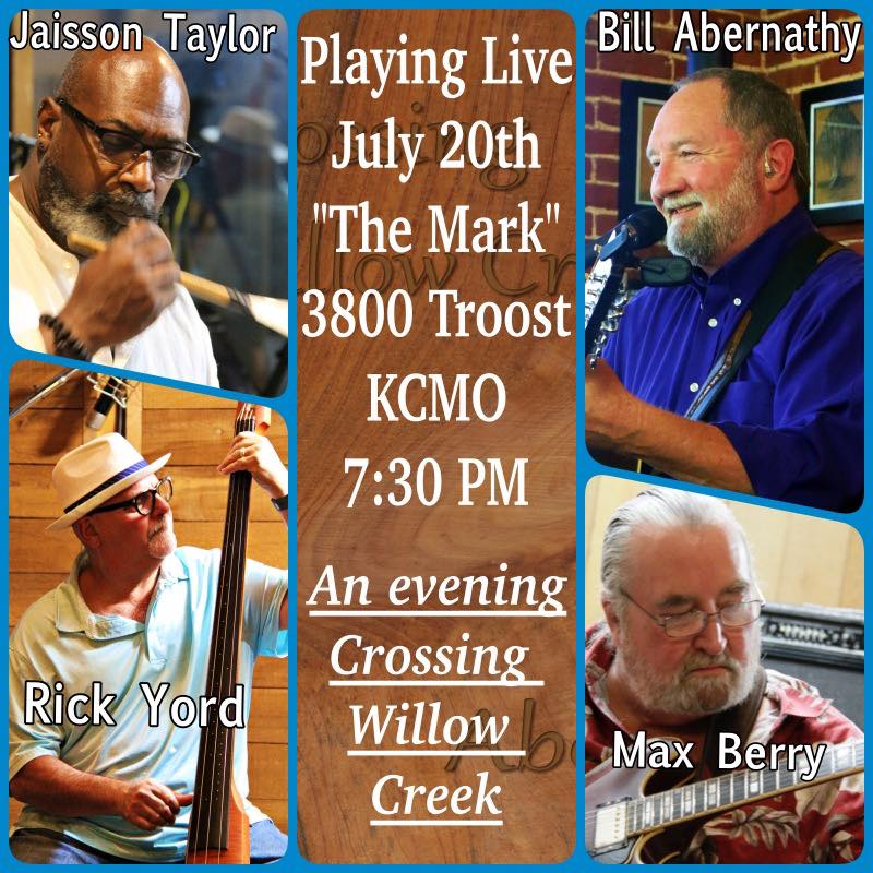 An Evening Crossing Willow Creek concert poster featuring Jaisson Taylor, Rick Yord, Max Berry and Bill Abernathy
