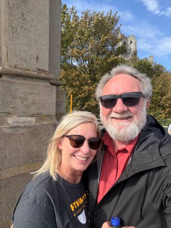Drachenfels, above the Rhine at Königswinter. Debbie and me on the hilltop, with the landscape stretching out behind us.
