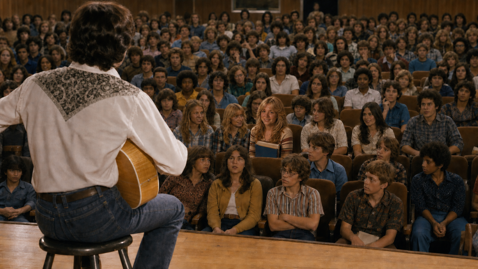 The junior-high auditorium as Bill performs for Maybe