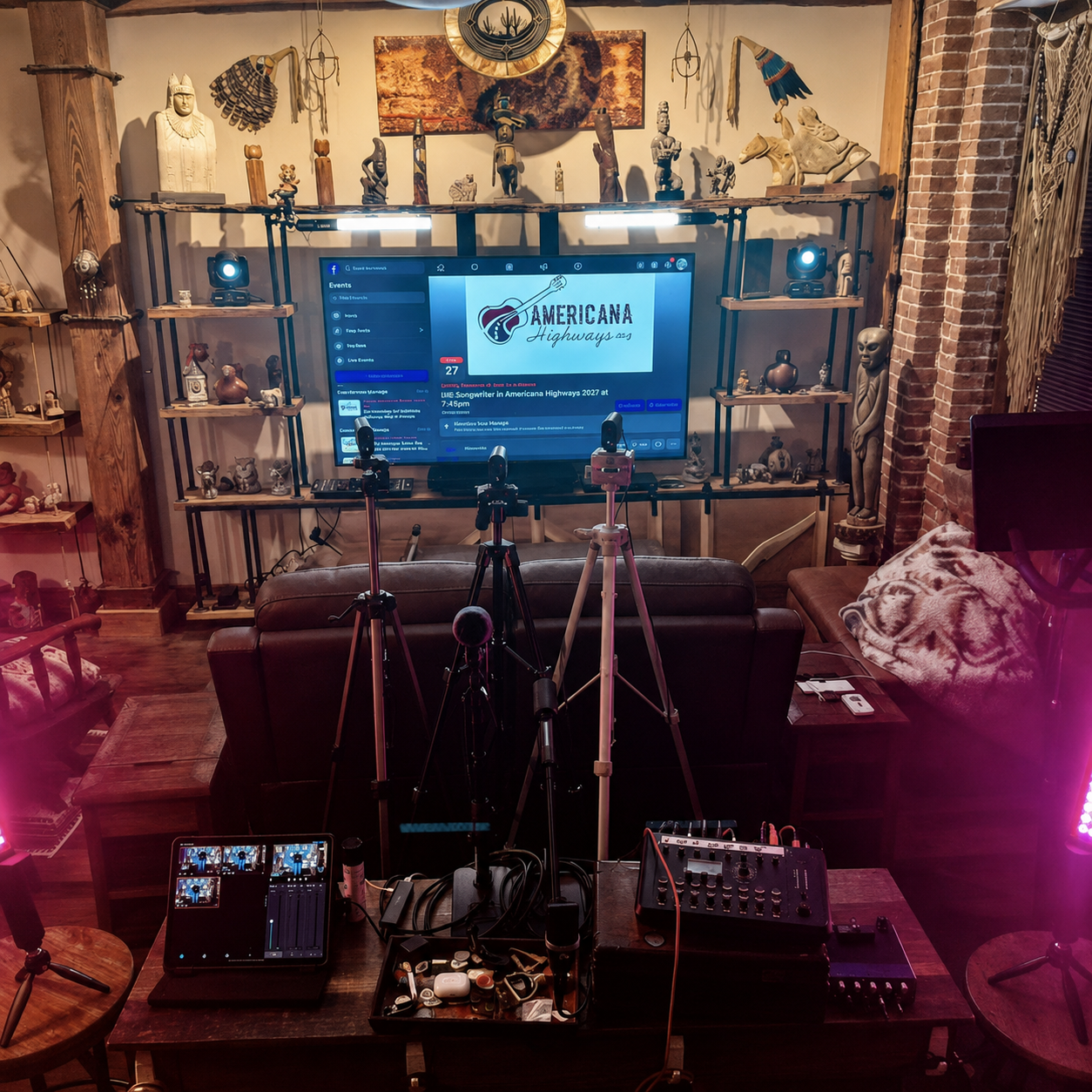 Cameras, microphones, lights and audio equipment set up in Bill’s loft for livestream performances