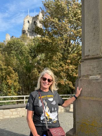 Drachenfels, above the Rhine at Königswinter. Debbie beside the hilltop monument, with a little sky to spare.
