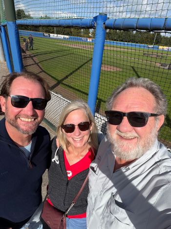 Debbie, Chad, and me at UVV’s baseball field, where Chad is the head coach. Doing his Ted Lasso thing—with baseball.
