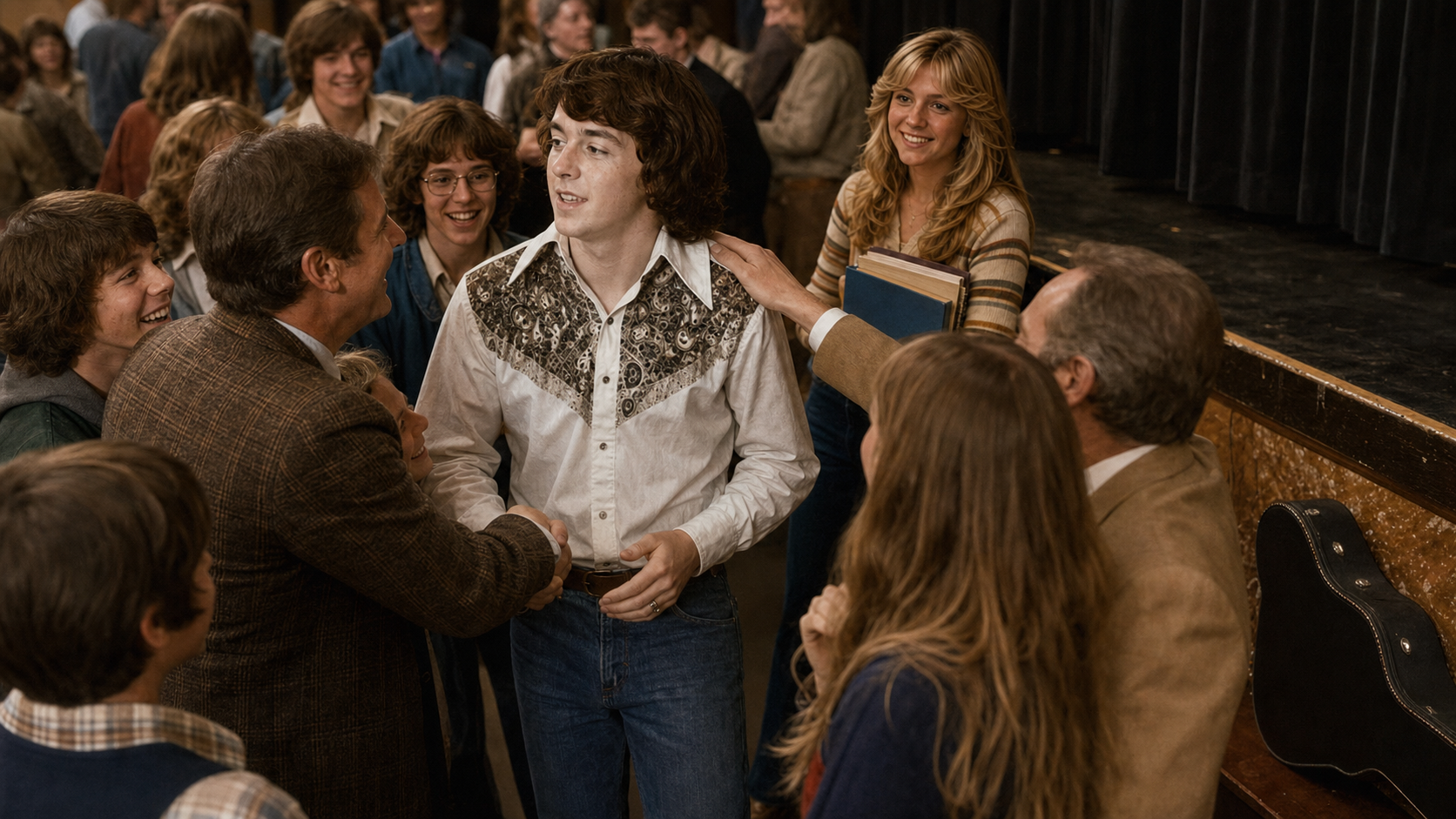 Bill being congratulated after the talent show while Maybe watches